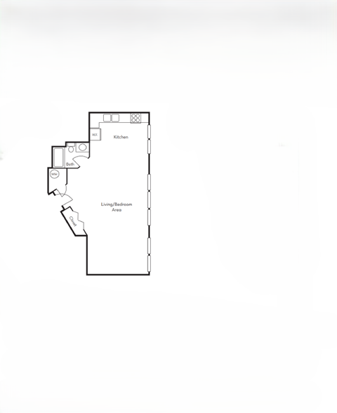 A floor plan of a house with a kitchen, dining room, and living/bedroom area.